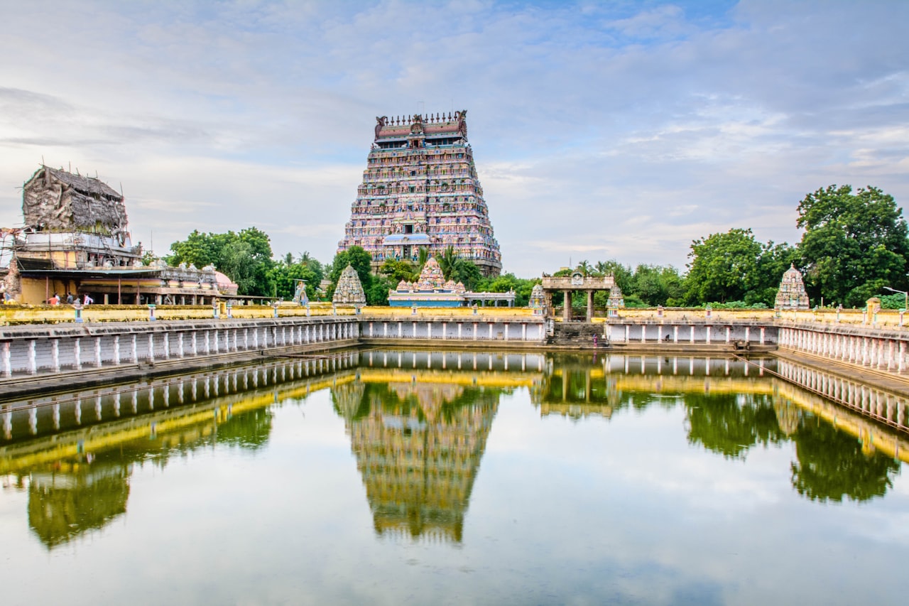 A temple tank reflecting South Indian temple architecture